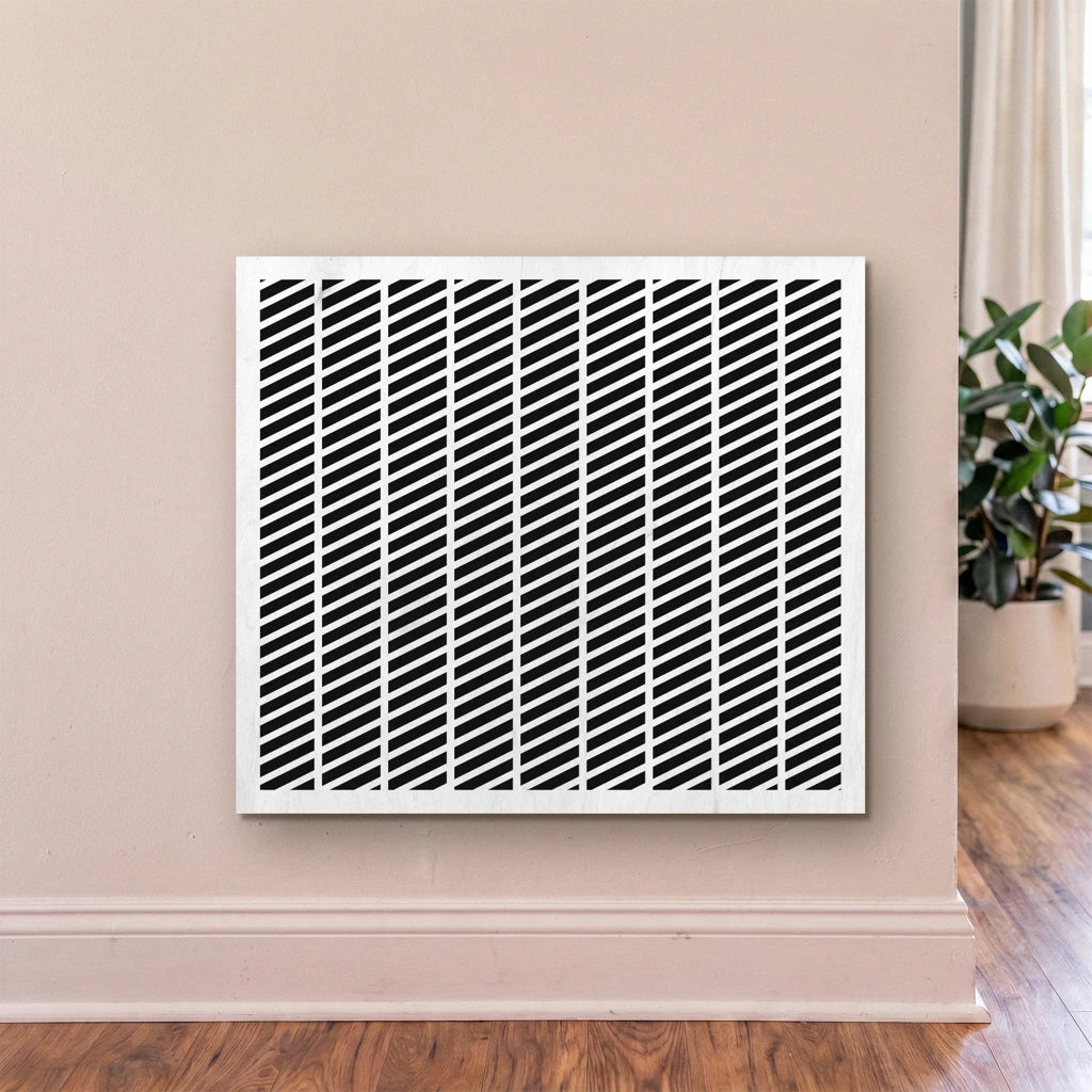 Decorative wall panel with geometric pattern on a beige wall.
