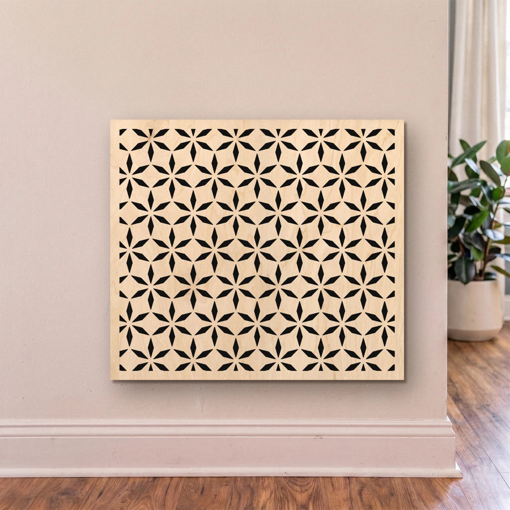 Decorative wall panel with geometric pattern on a beige wall.