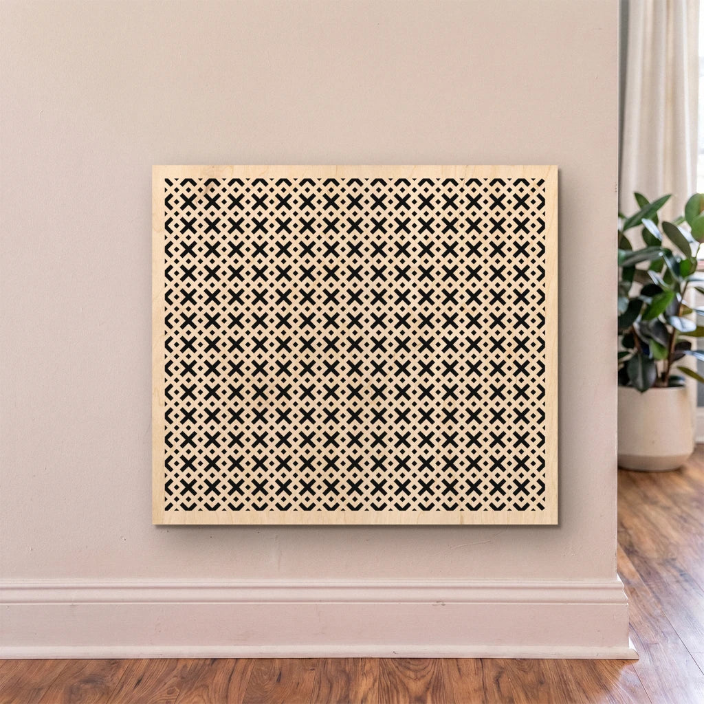 Decorative wall panel with geometric pattern on a beige wall.