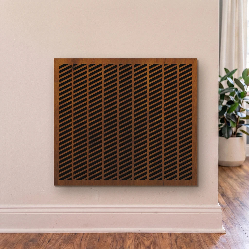 Decorative wooden panel with geometric pattern on a wall