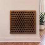Decorative wooden panel with geometric pattern on a wall