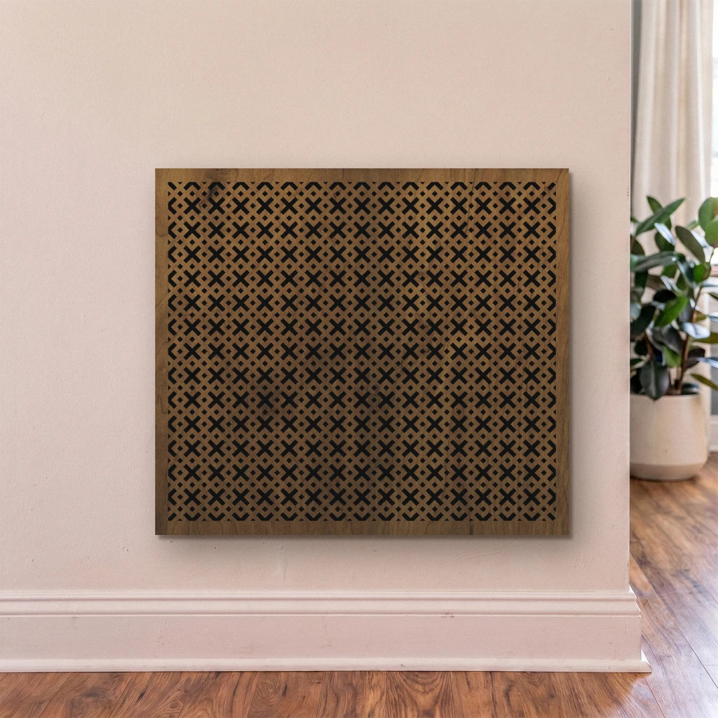 Decorative wall panel with geometric pattern on a plain wall.