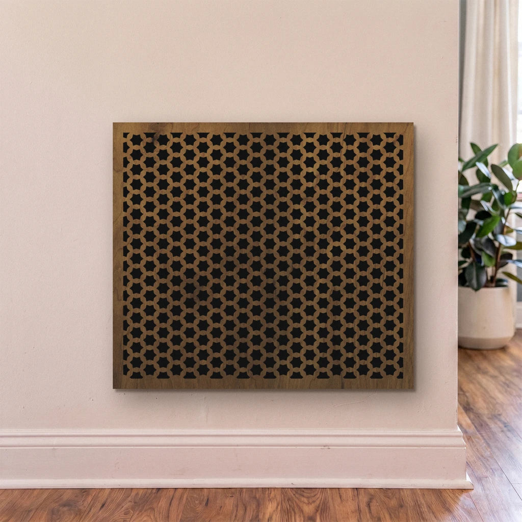 Decorative wall panel with geometric pattern on a plain wall.