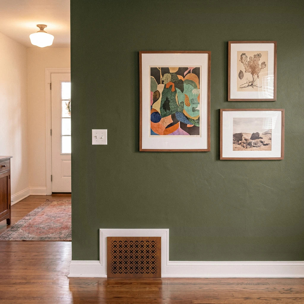 Three framed artworks on a green wall with wooden floor and door in the background