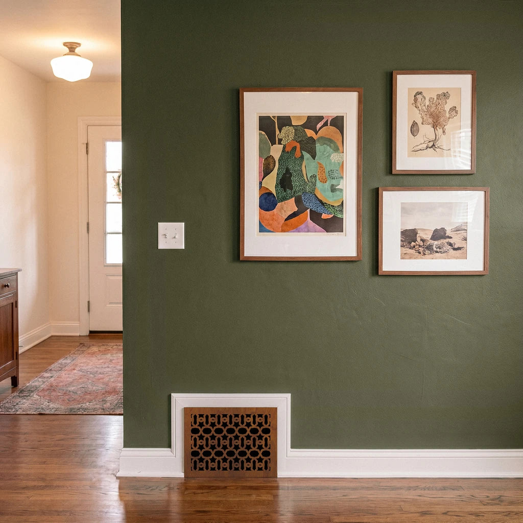Three framed artworks on a green wall with wooden floor and door in the background