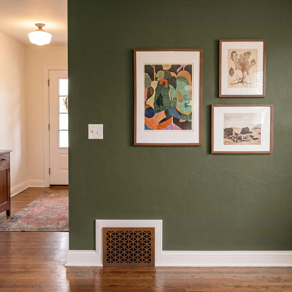 Three framed artworks on a green wall with wooden floor and door in the background