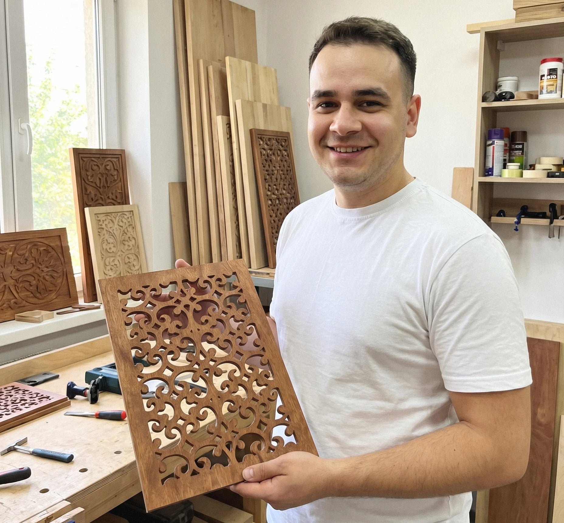 Man holding a wooden carvings in a workshop