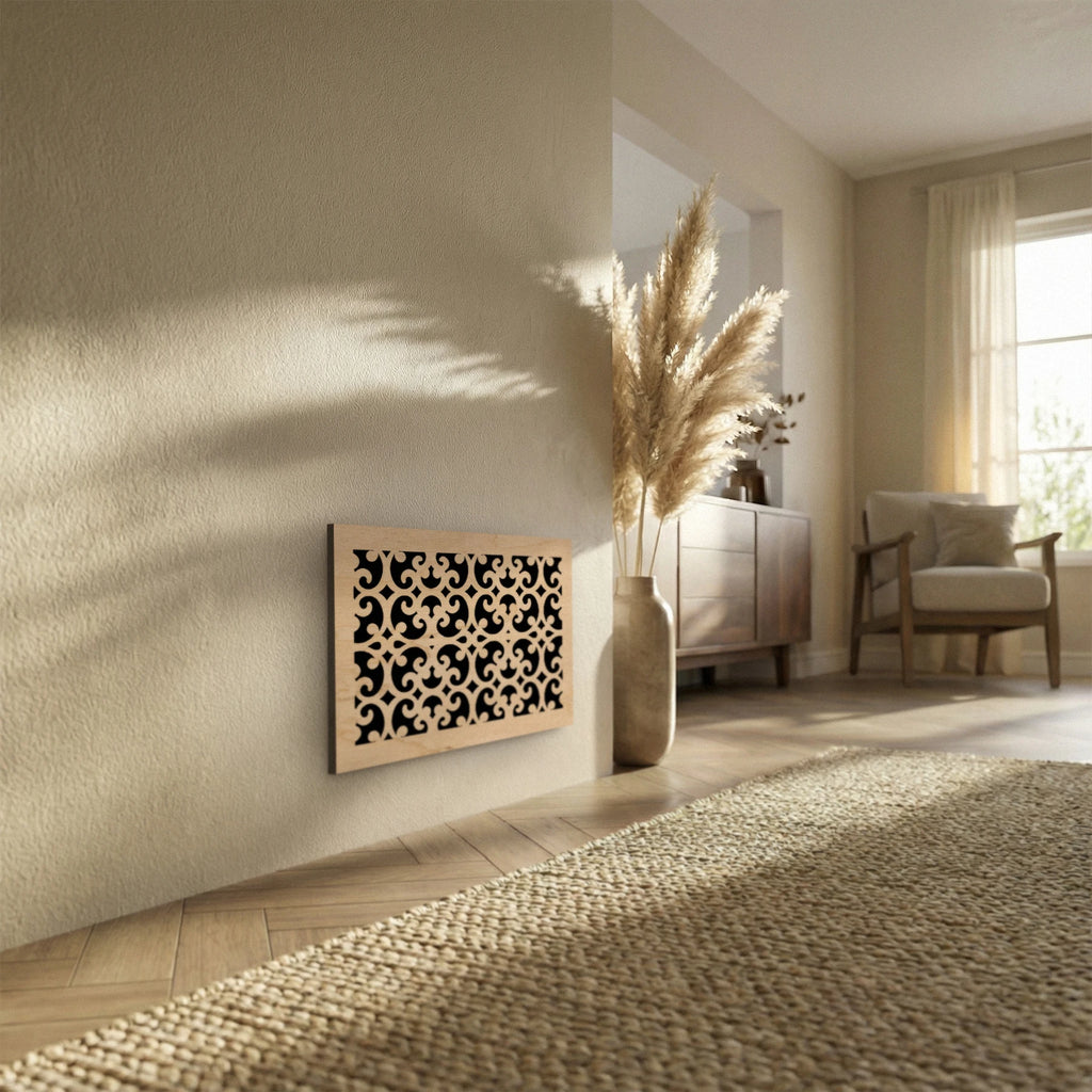 Decorative wall art with geometric pattern in a living room setting