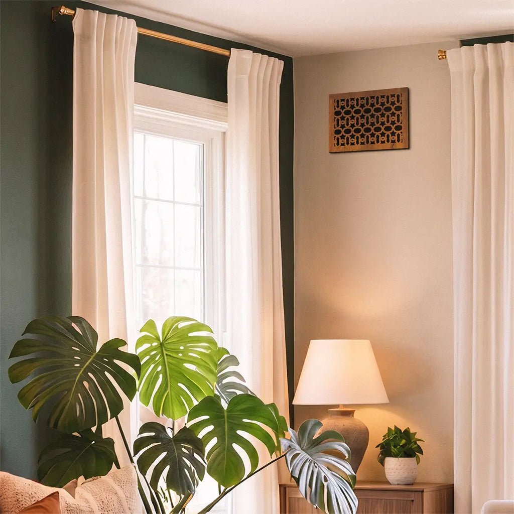Living room with a large window, plant, and lamp.
