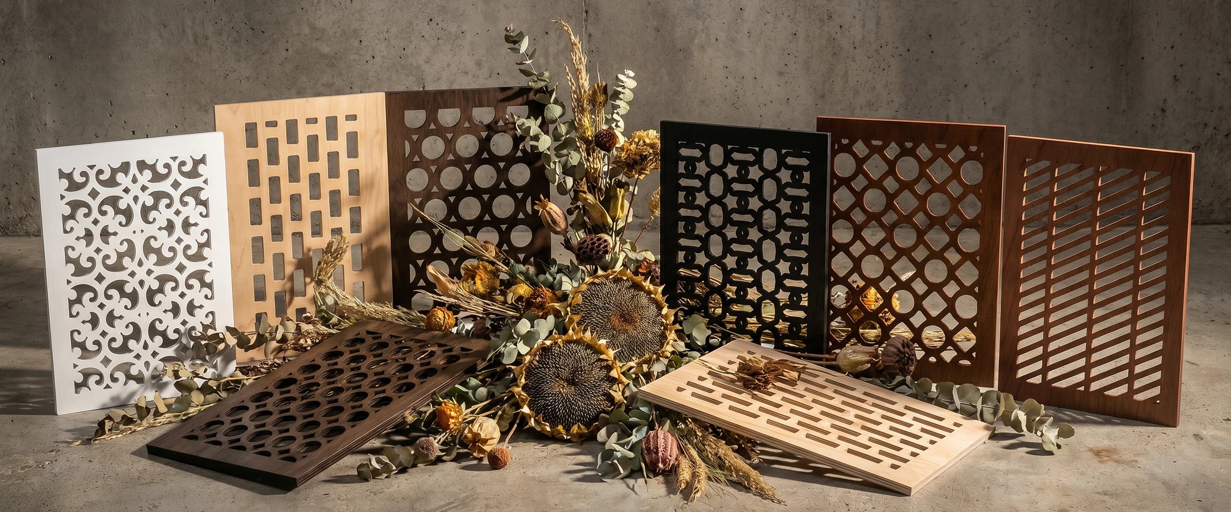 Decorative metal grilles on a textured surface with flowers and leaves.