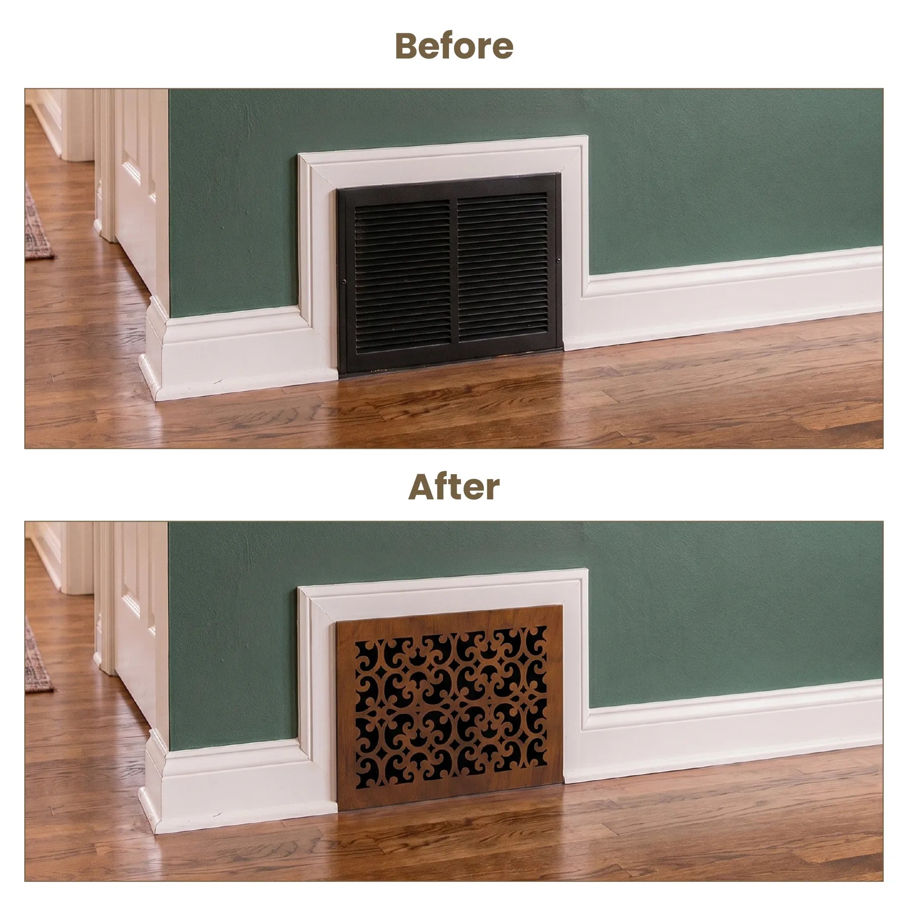 Before and after comparison of a decorative vent cover installation on a wall.