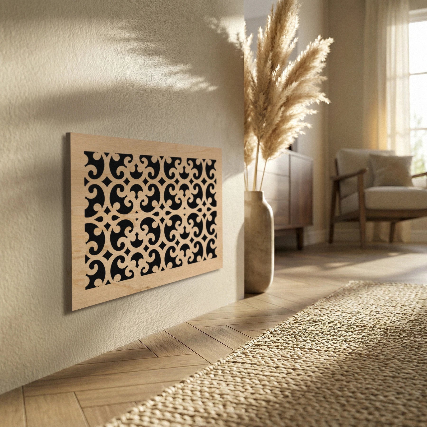 Decorative wall panel with geometric pattern in a living room setting.