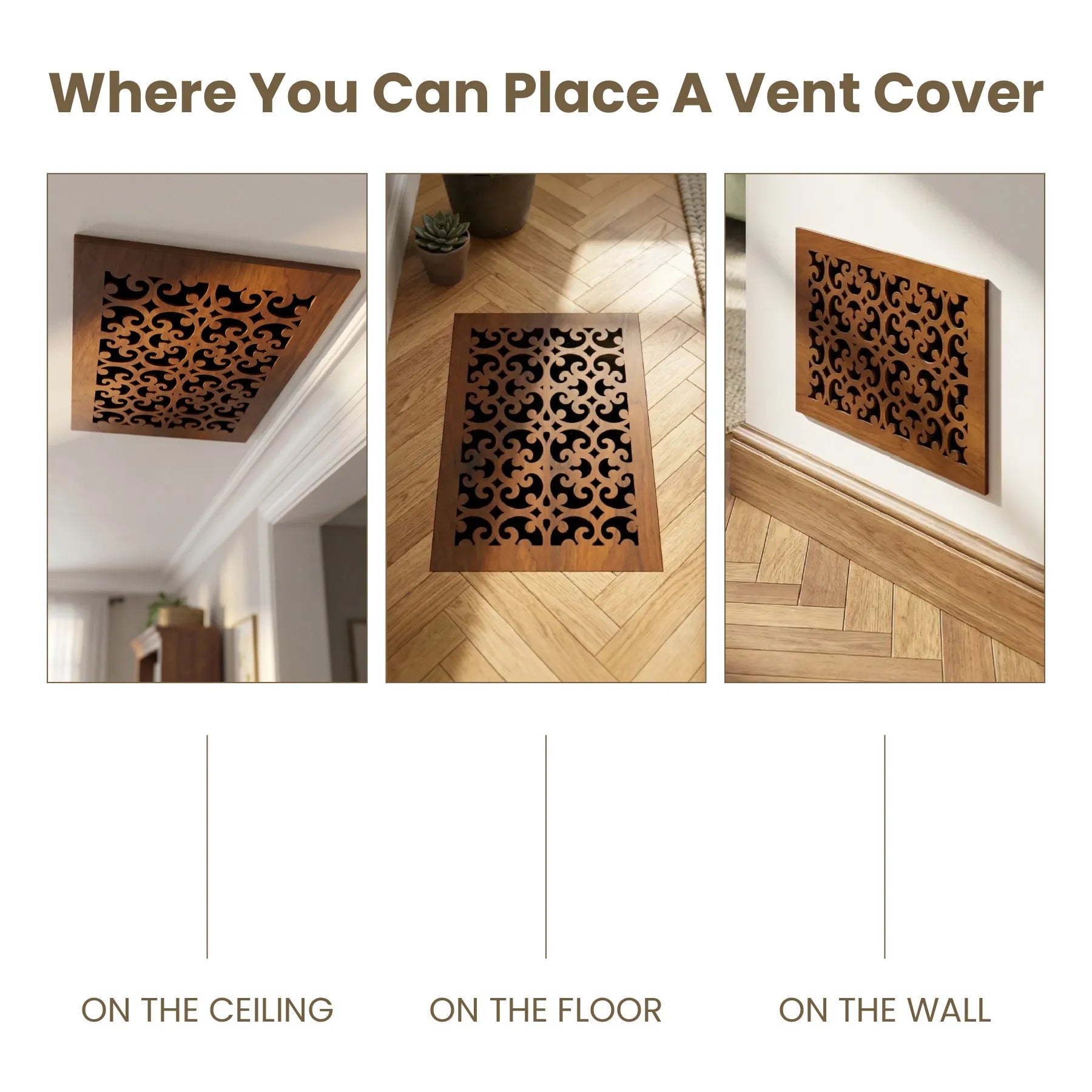 Vent cover placement options on ceiling, floor, and wall with decorative patterns.