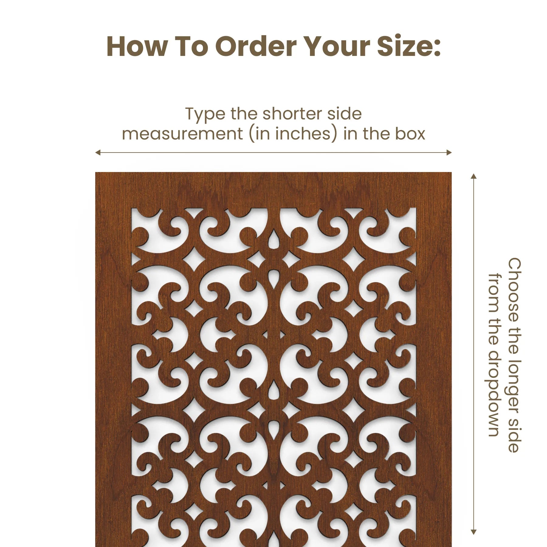 Decorative wooden panel with cut-out pattern and instructions on ordering size.