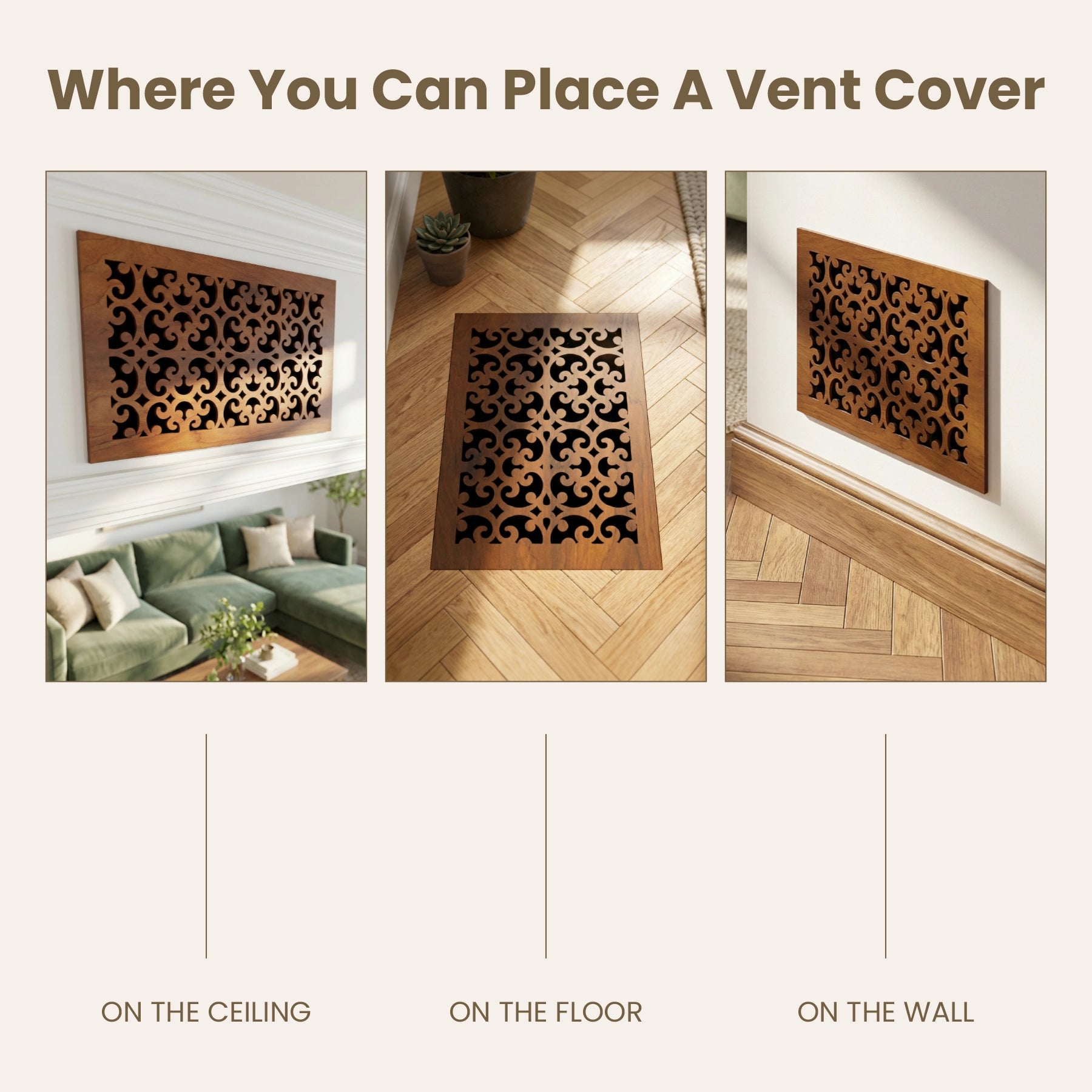 Wooden vent cover with decorative pattern displayed on a wall, floor, and ceiling.
